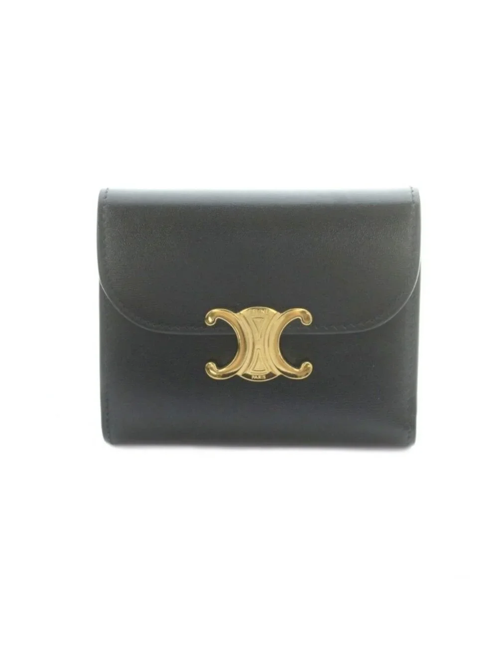 Celine Triomphe Trifold Wallet Coin Purse Leather Black Gold Color
